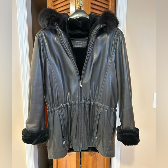 Andrew Marc Black Leather Jacket with Fur Trim - Picture 2 of 16